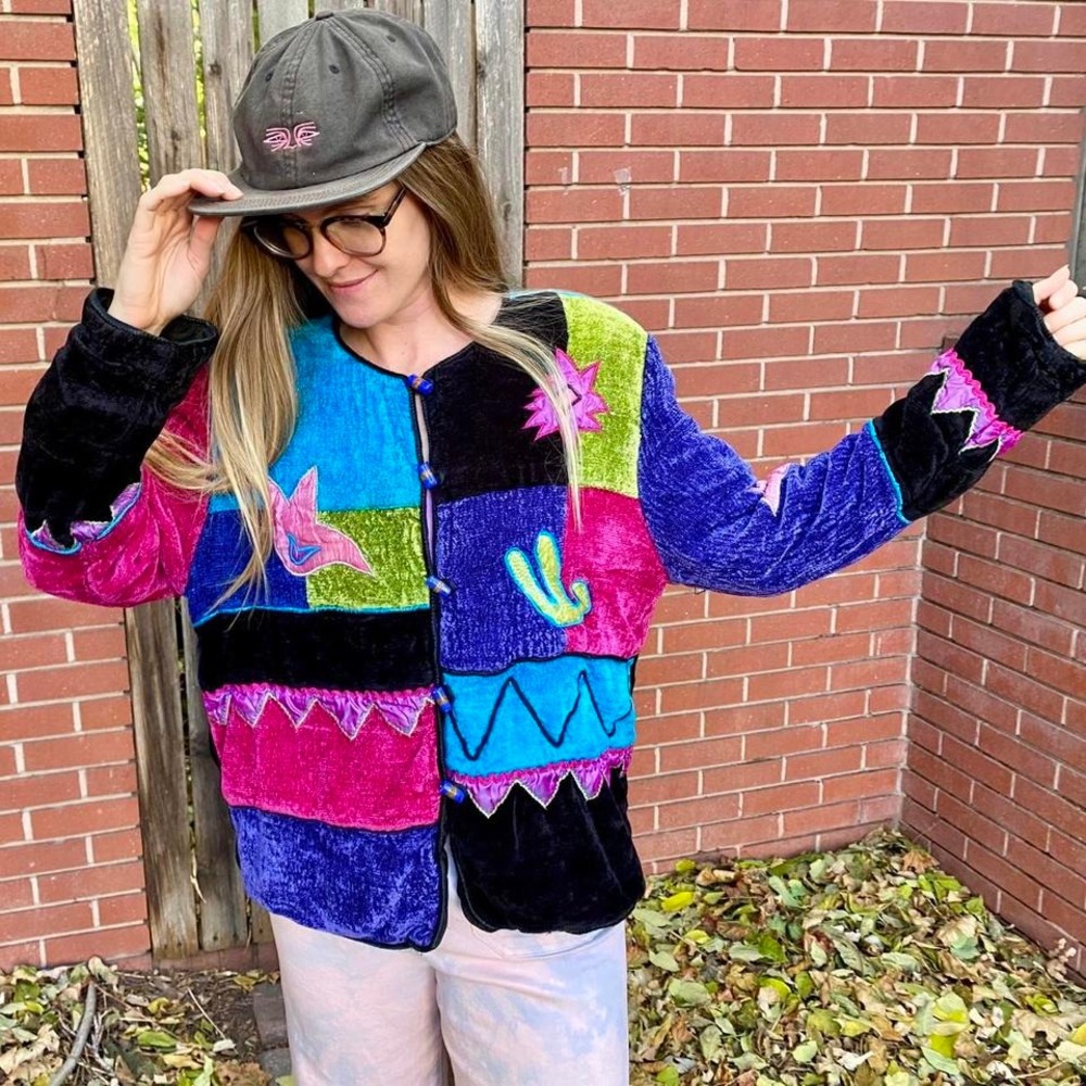 Vintage 80s Colorblock‎ Embroidered Patchwork Cardigan
